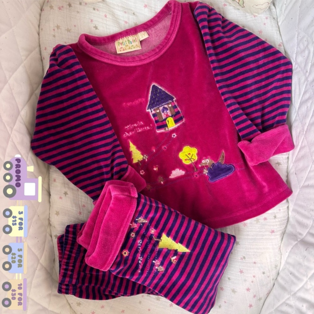 ⭒ 2T Petit Point Fushcia Velour Striped Embroidered Pyjama Set Long Sleeve ⭒